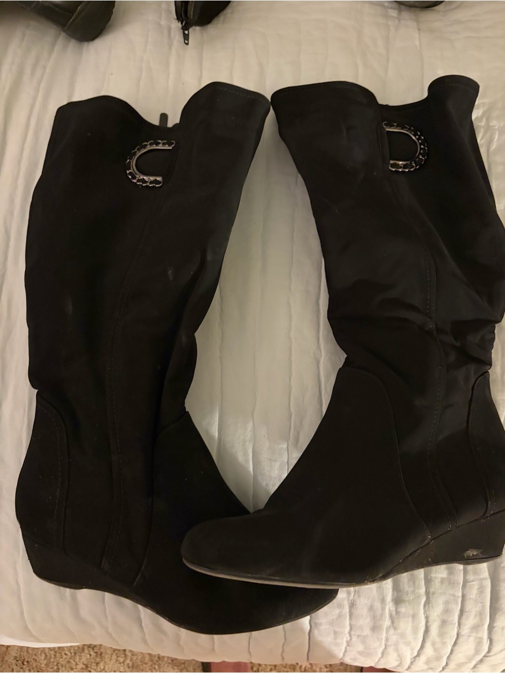 Women’s Black Knee Wedge Boots with Chain Accent
